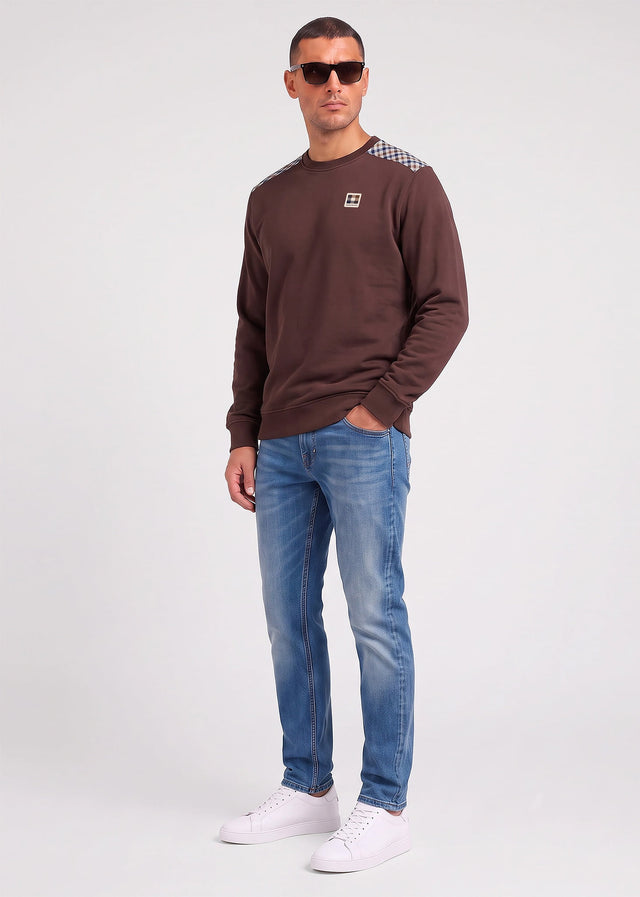 Aquascutum Pullover Check shoulder crewneck fleece - chocolate