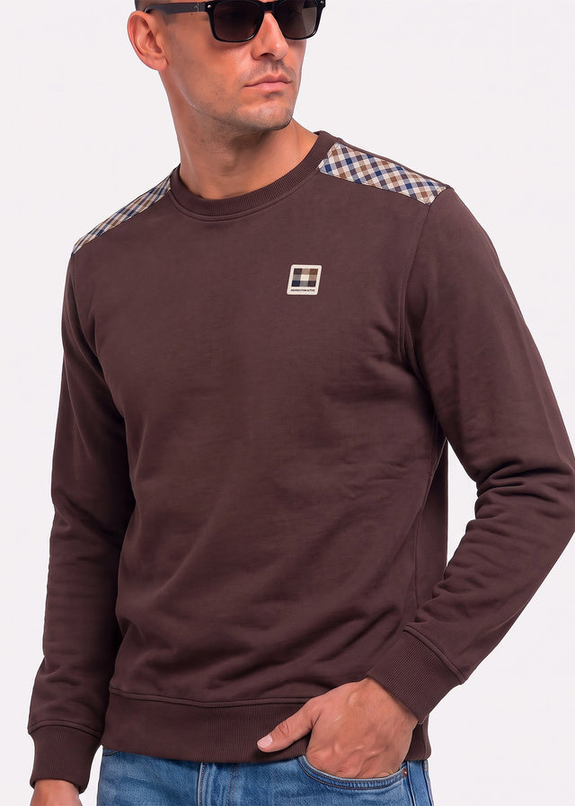 Aquascutum Pullover Check shoulder crewneck fleece - chocolate