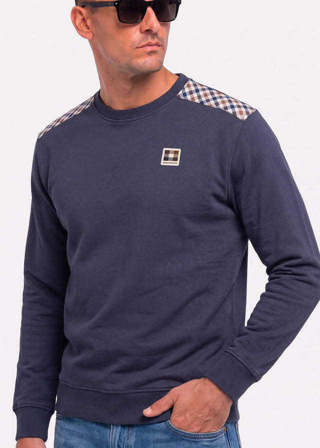Aquascutum Pullover Check shoulder crewneck fleece - navy
