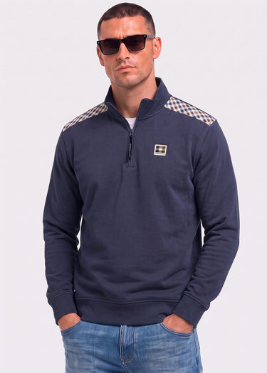 Aquascutum Pullover Check shoulder quarter zip fleece - navy
