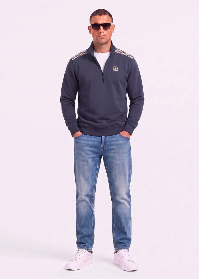Aquascutum Pullover Check shoulder quarter zip fleece - navy
