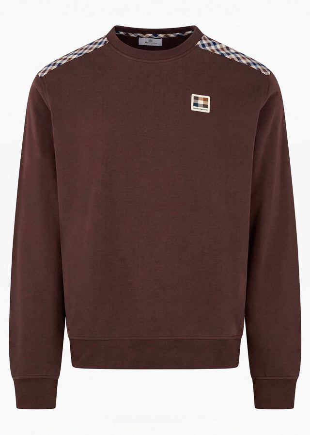 Aquascutum Pullover Check shoulder crewneck fleece - chocolate