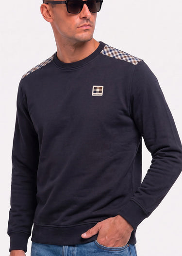 Aquascutum Pullover Check shoulder crewneck fleece - black
