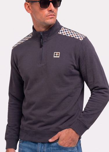 Aquascutum Pullover Check shoulder quarter zip fleece - black