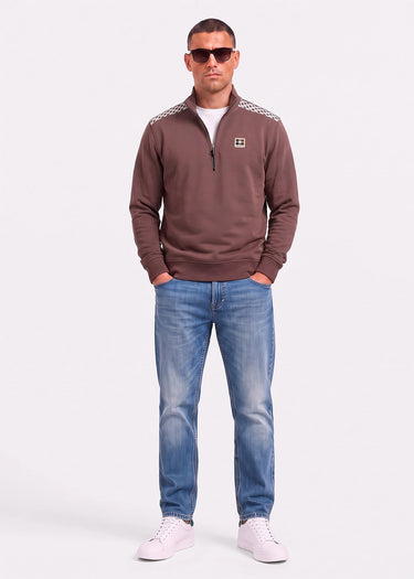 Aquascutum Sweaters Check shoulder quarter zip fleece - chocolate