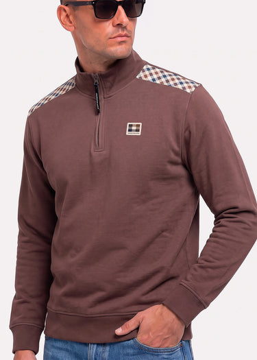 Aquascutum Sweaters Check shoulder quarter zip fleece - chocolate