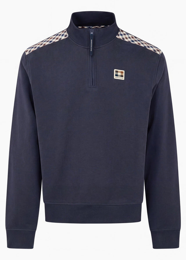 Aquascutum Pullover Check shoulder quarter zip fleece - navy