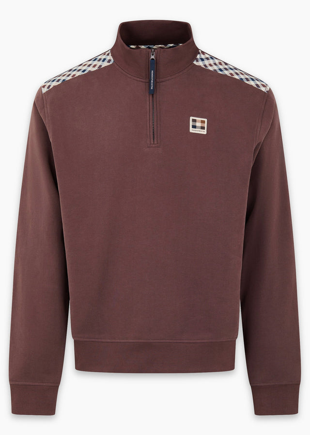 Aquascutum Pullover Check shoulder quarter zip fleece - chocolate